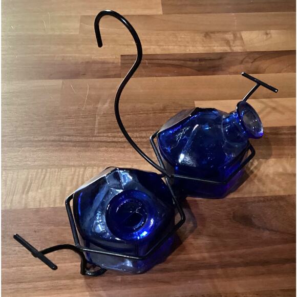 Hummingbird Feeder Par-A-Sol Parasol Bouquet Hand Blown Glass 2 Blue Vintage - Picture 5 of 10